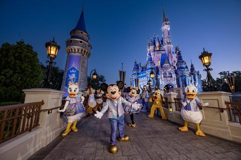 mickey mouse e amigos vestindo suas modas cintilantes de 50º aniversário enquanto posavam em frente ao castelo da cinderela no parque reino mágico